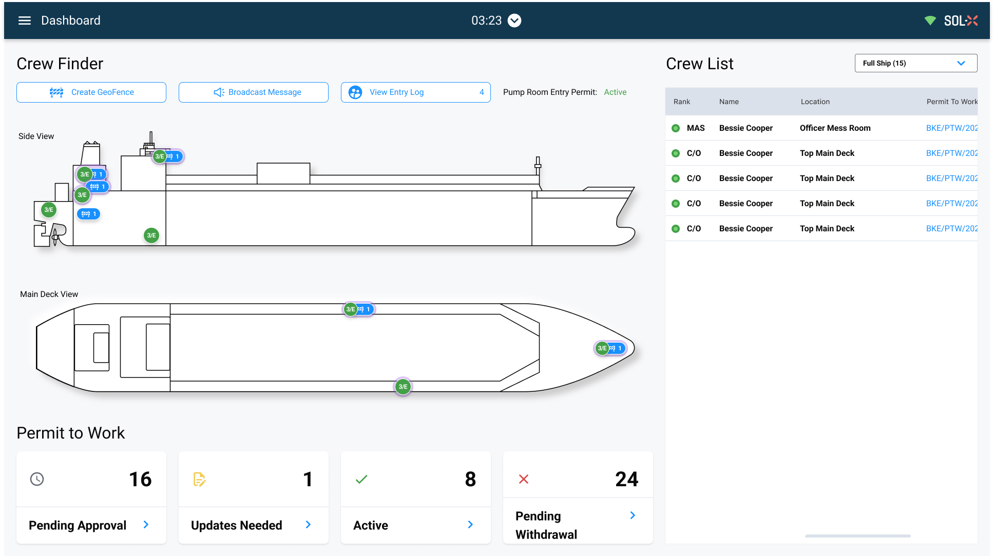 SOL-X Crew Finder dashboard with vessel maps and permit-to-work status
